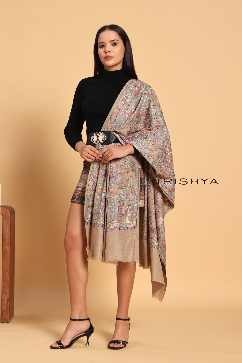 Traditional Motif Embroidered Shawl in Beige