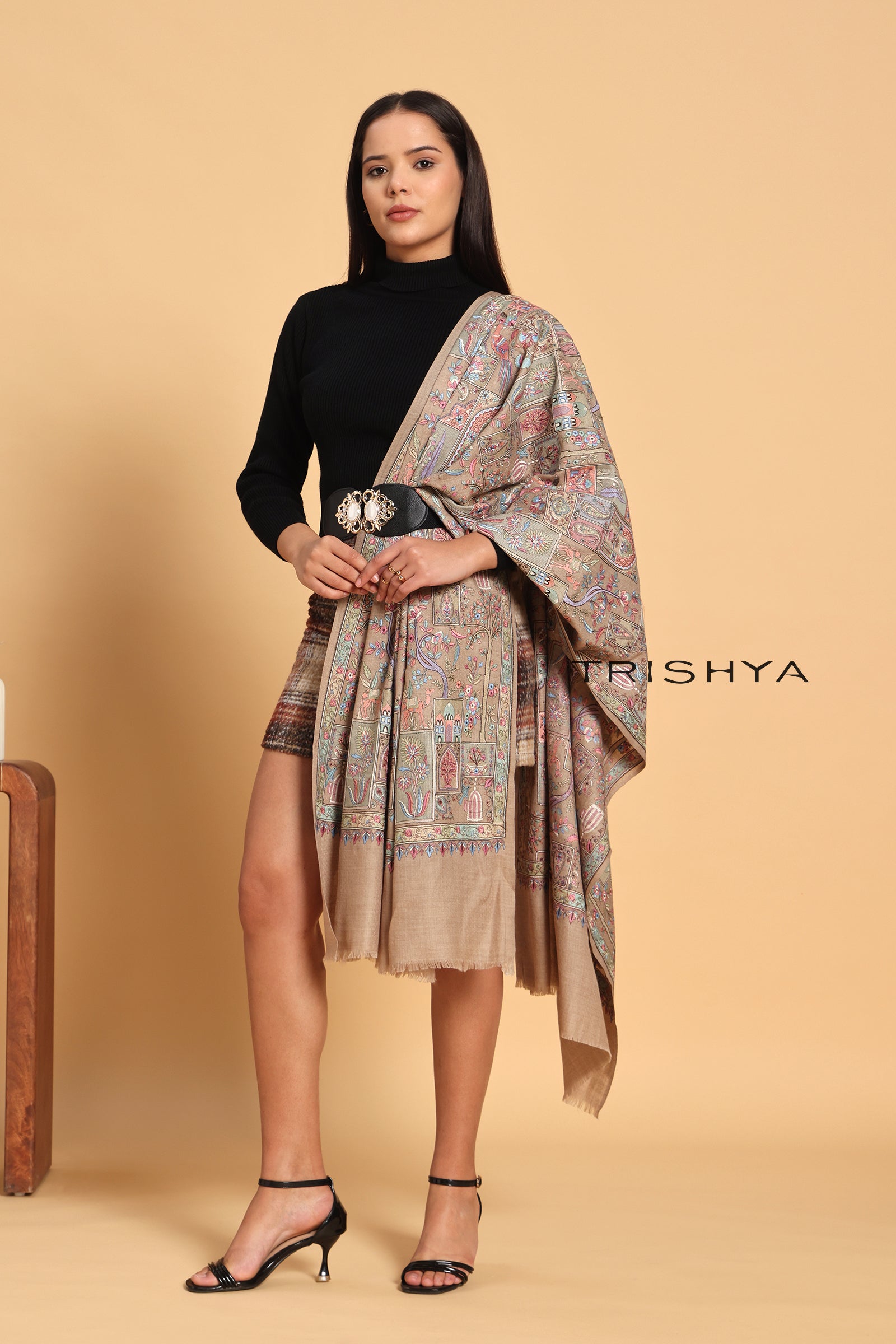 Traditional Motif Embroidered Shawl in Beige