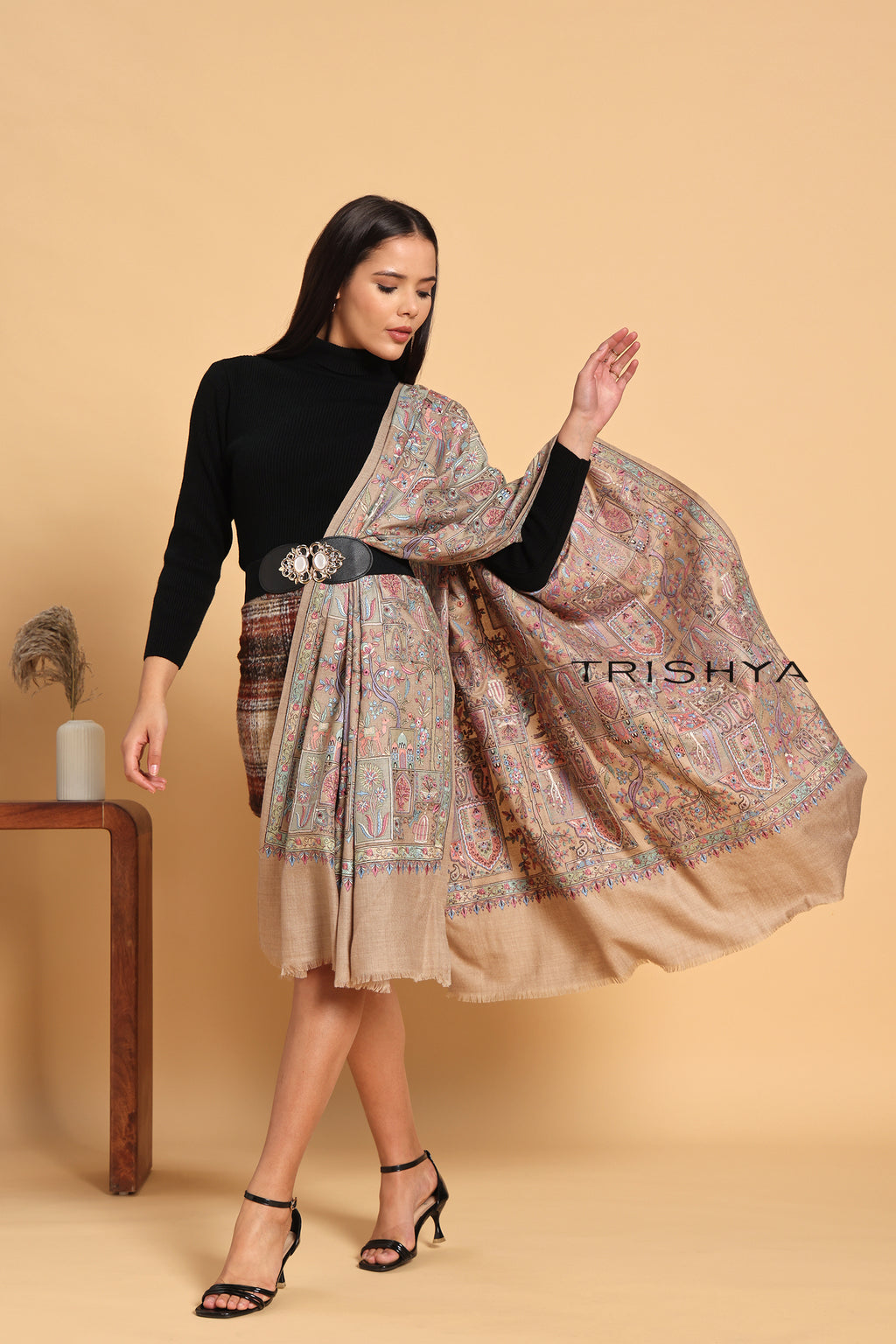 Traditional Motif Embroidered Shawl in Beige