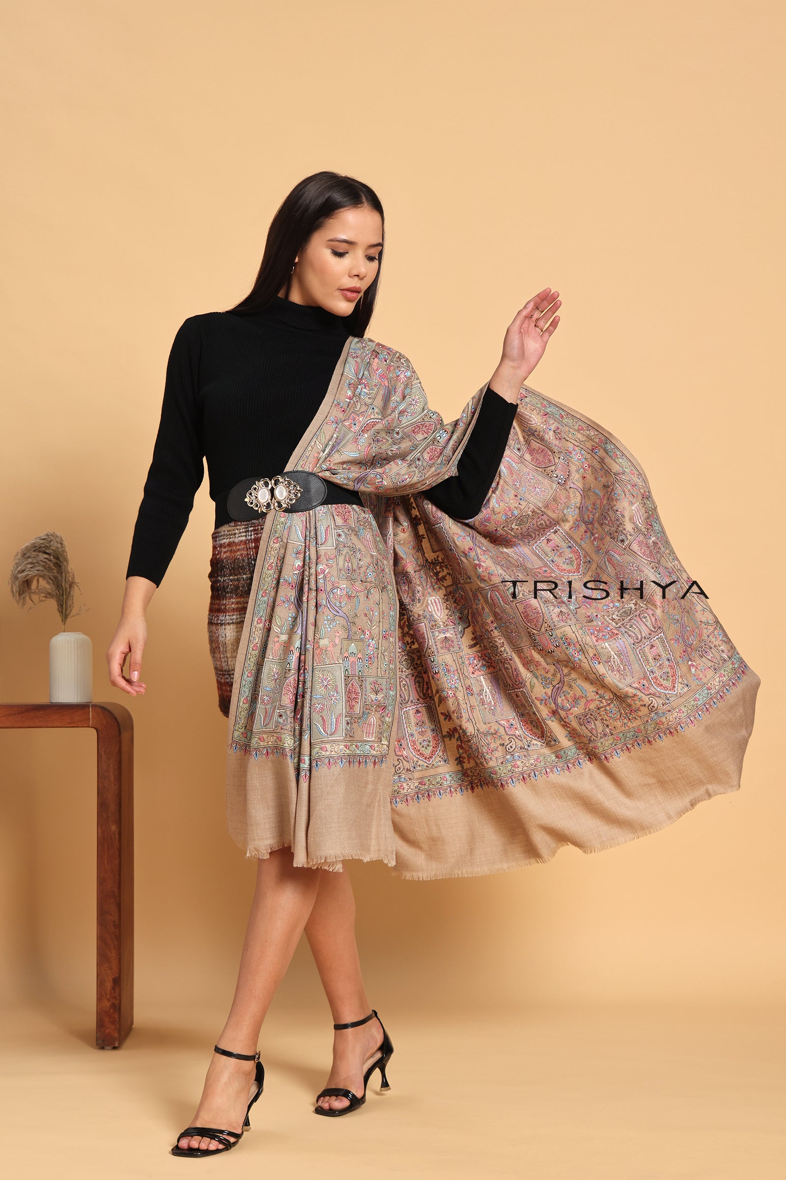 Traditional Motif Embroidered Shawl in Beige