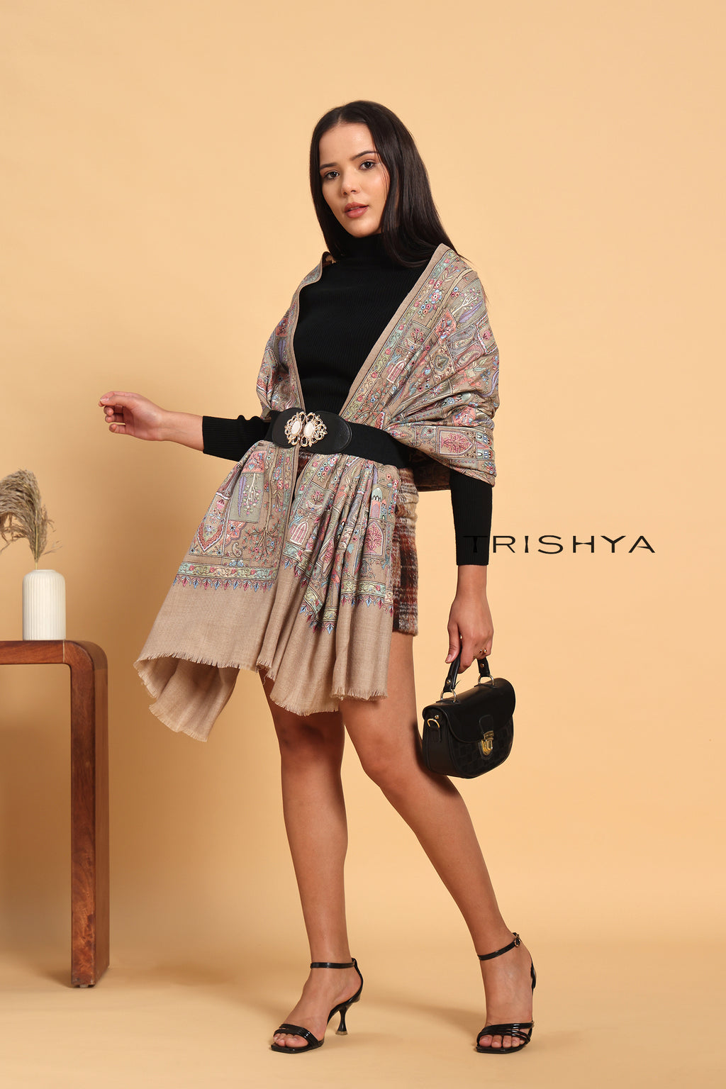 Traditional Motif Embroidered Shawl in Beige