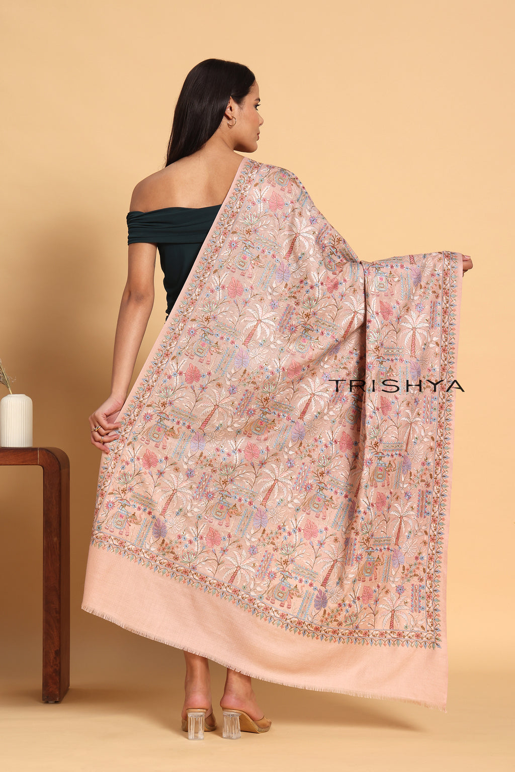 Traditional Elephant Motif Embroidered Shawl in Baby Pink