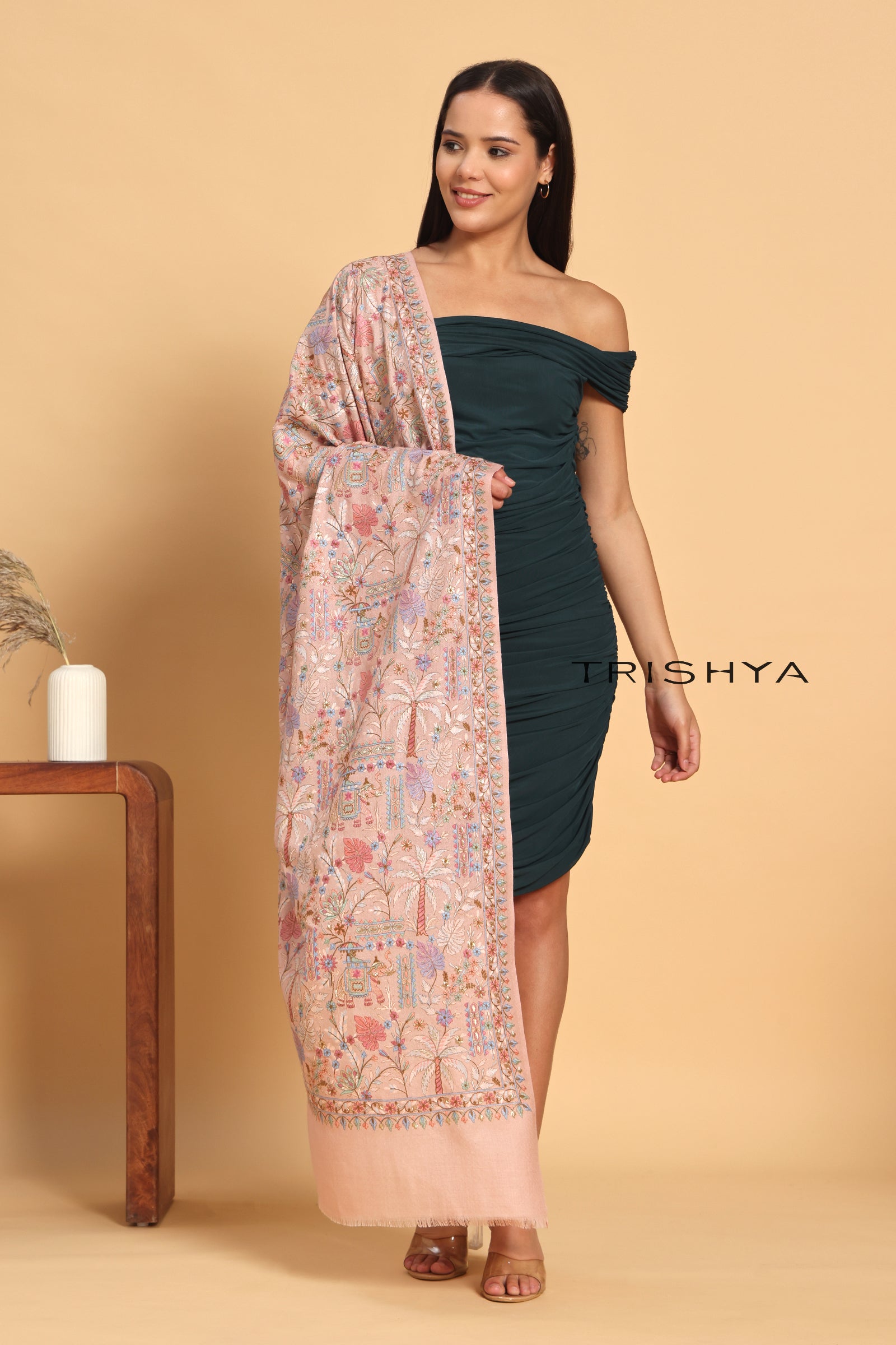 Traditional Elephant Motif Embroidered Shawl in Baby Pink