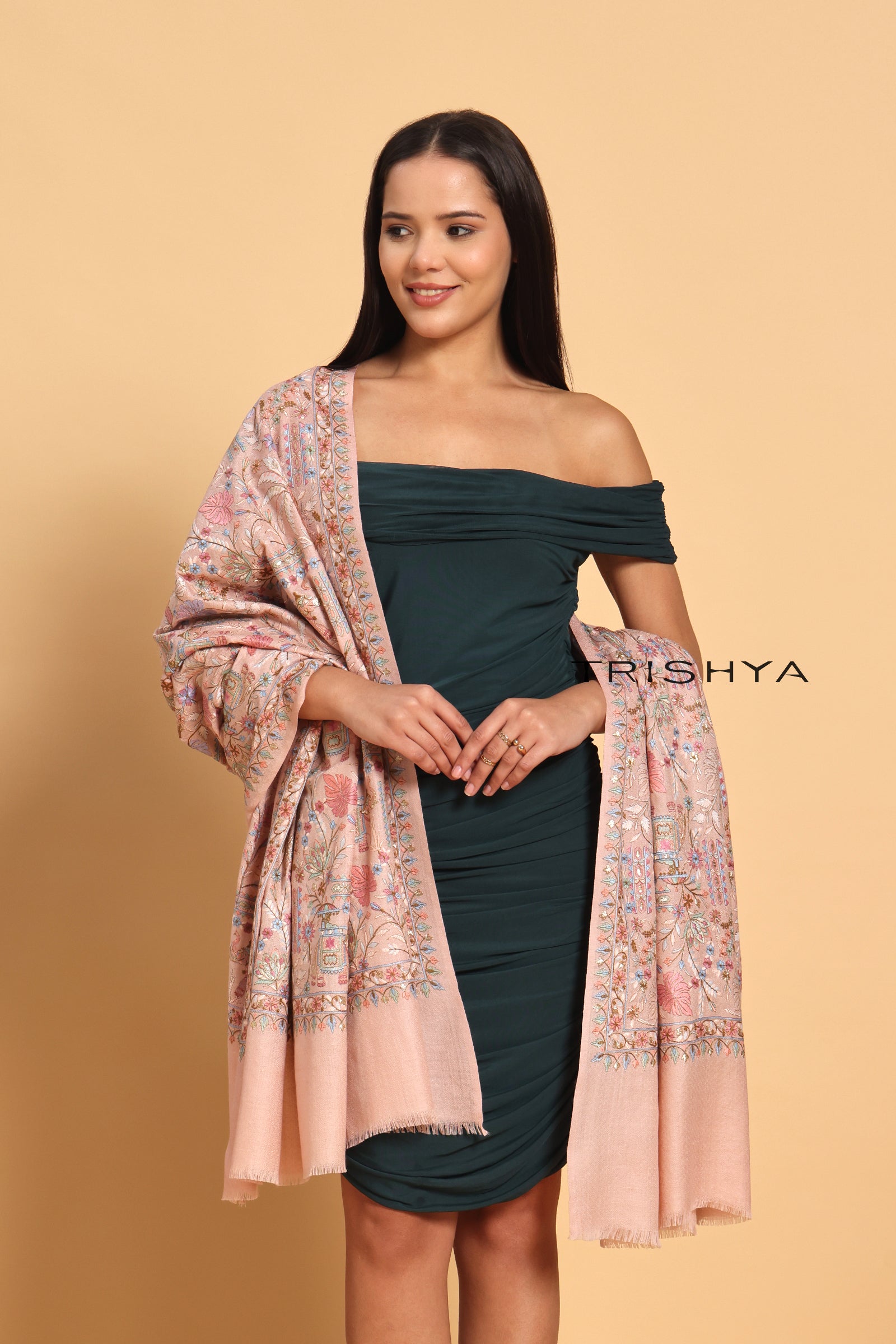 Traditional Elephant Motif Embroidered Shawl in Baby Pink