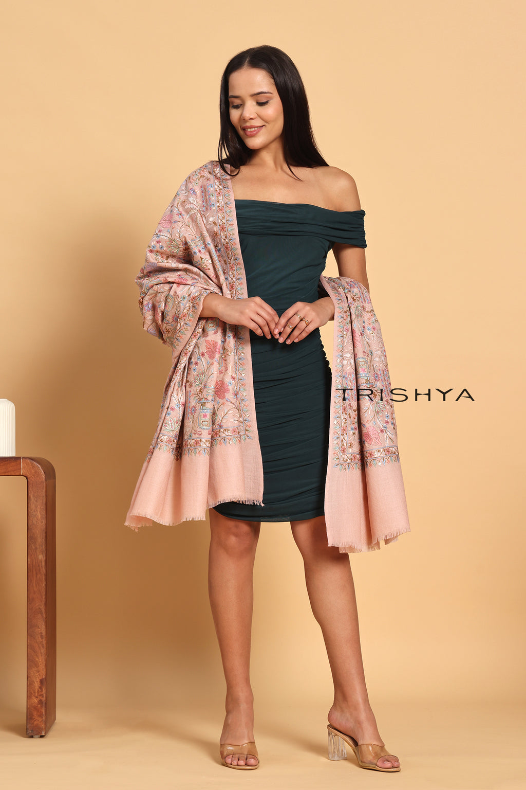 Traditional Elephant Motif Embroidered Shawl in Baby Pink