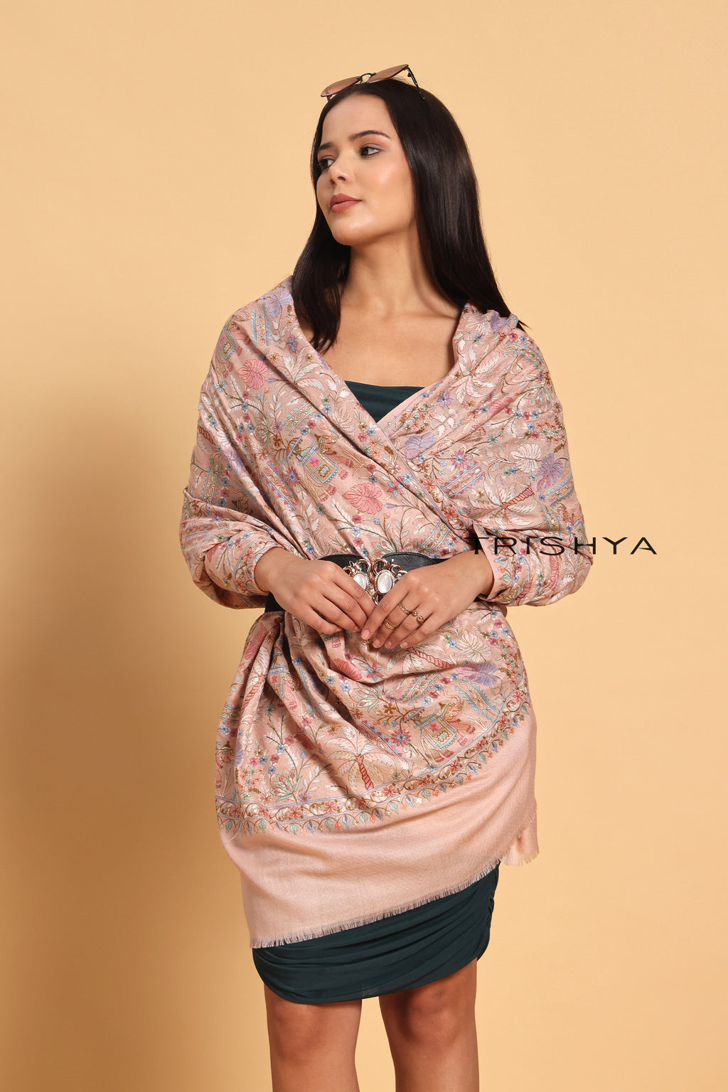 Traditional Elephant Motif Embroidered Shawl in Baby Pink
