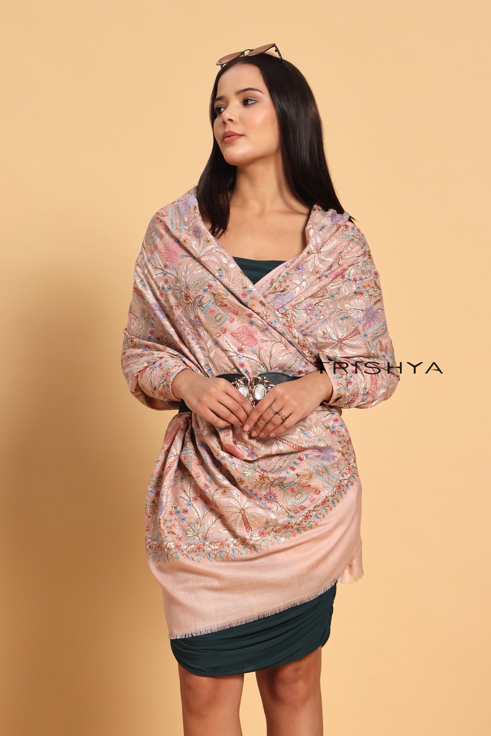 Traditional Elephant Motif Embroidered Shawl in Baby Pink