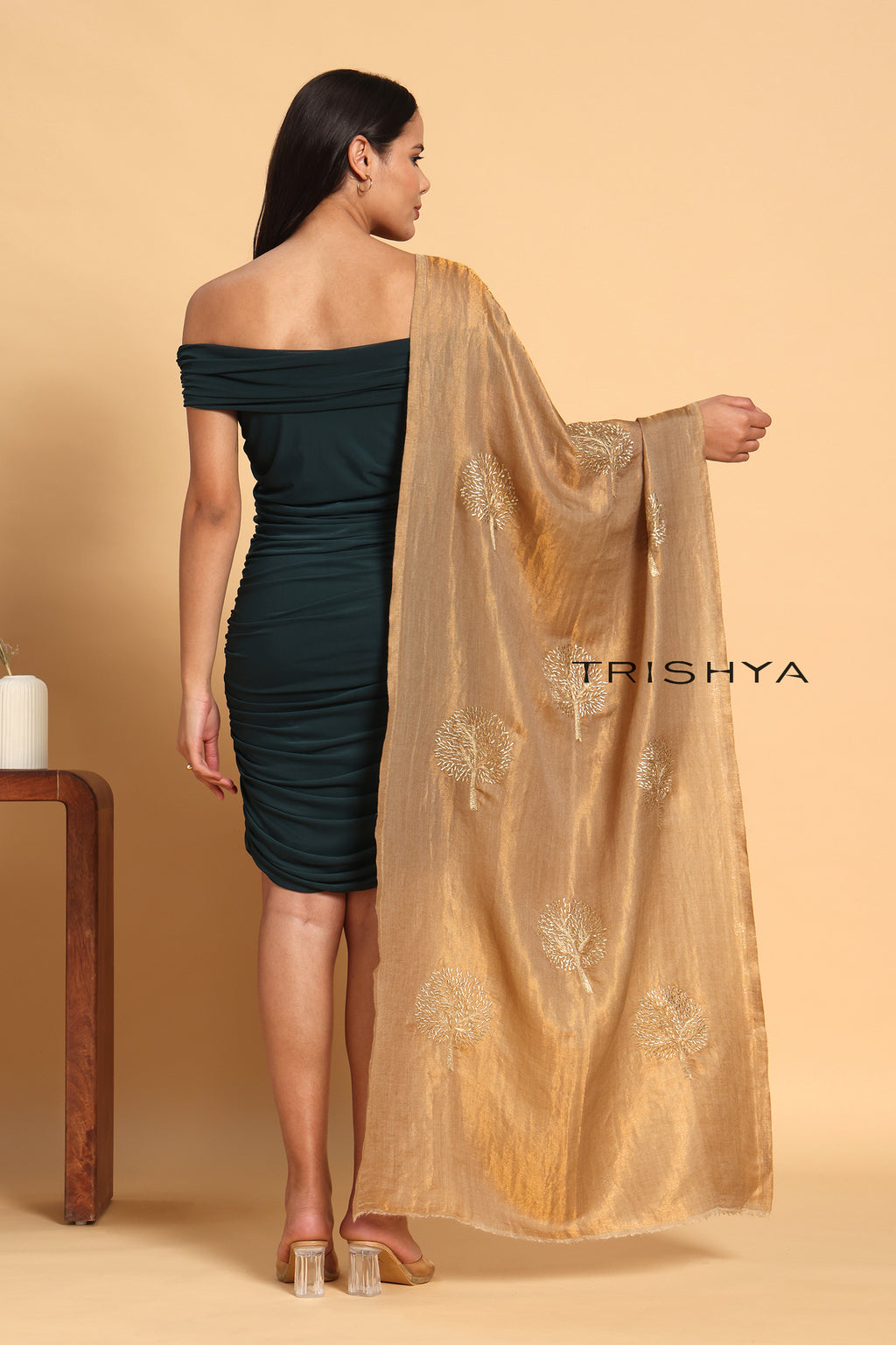 Moonlight Reversible Tree Work Stole in Golden Beige