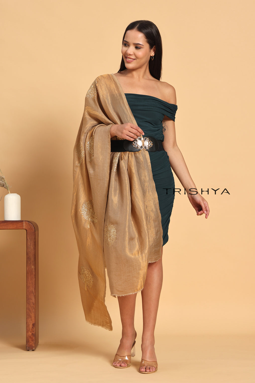 Moonlight Reversible Tree Work Stole in Golden Beige