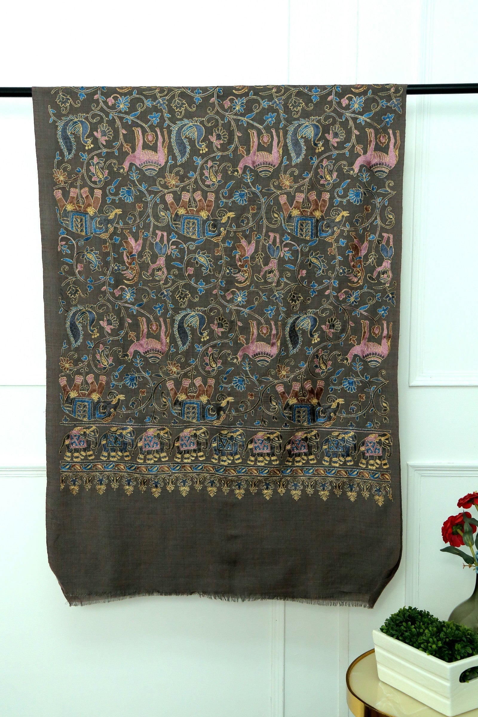 Women Kashmiri Elephant Dark Grey Stole