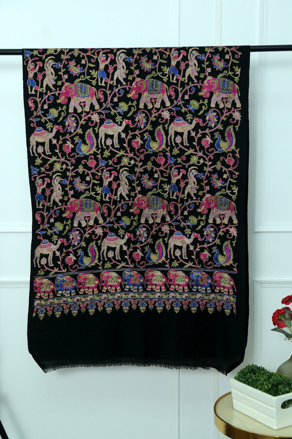 Women Kashmiri Elephant Black Stole