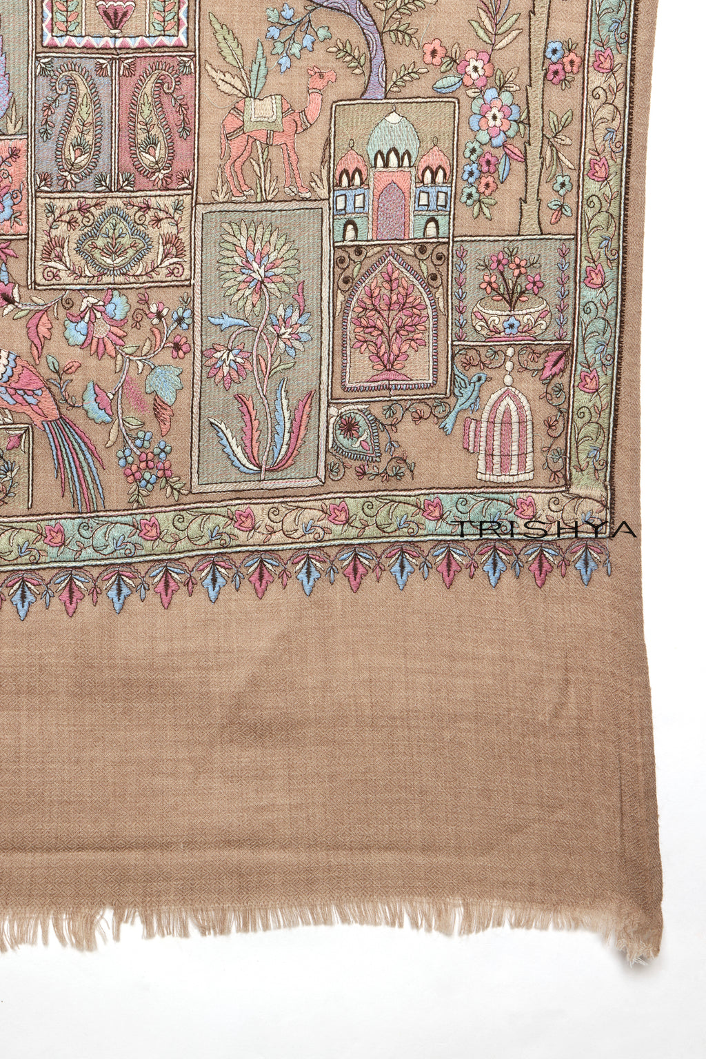 Traditional Motif Embroidered Shawl in Beige