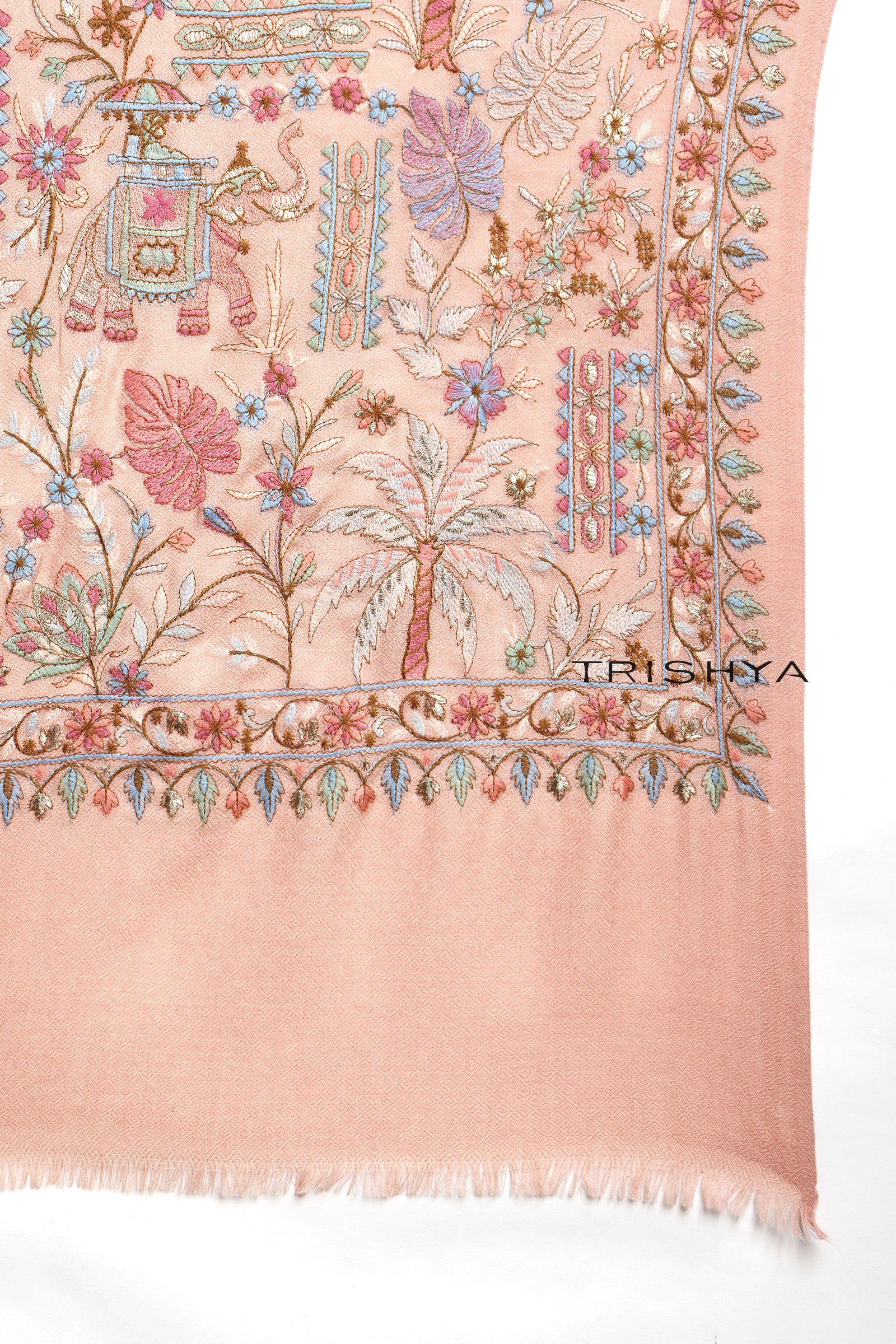 Traditional Elephant Motif Embroidered Shawl in Baby Pink