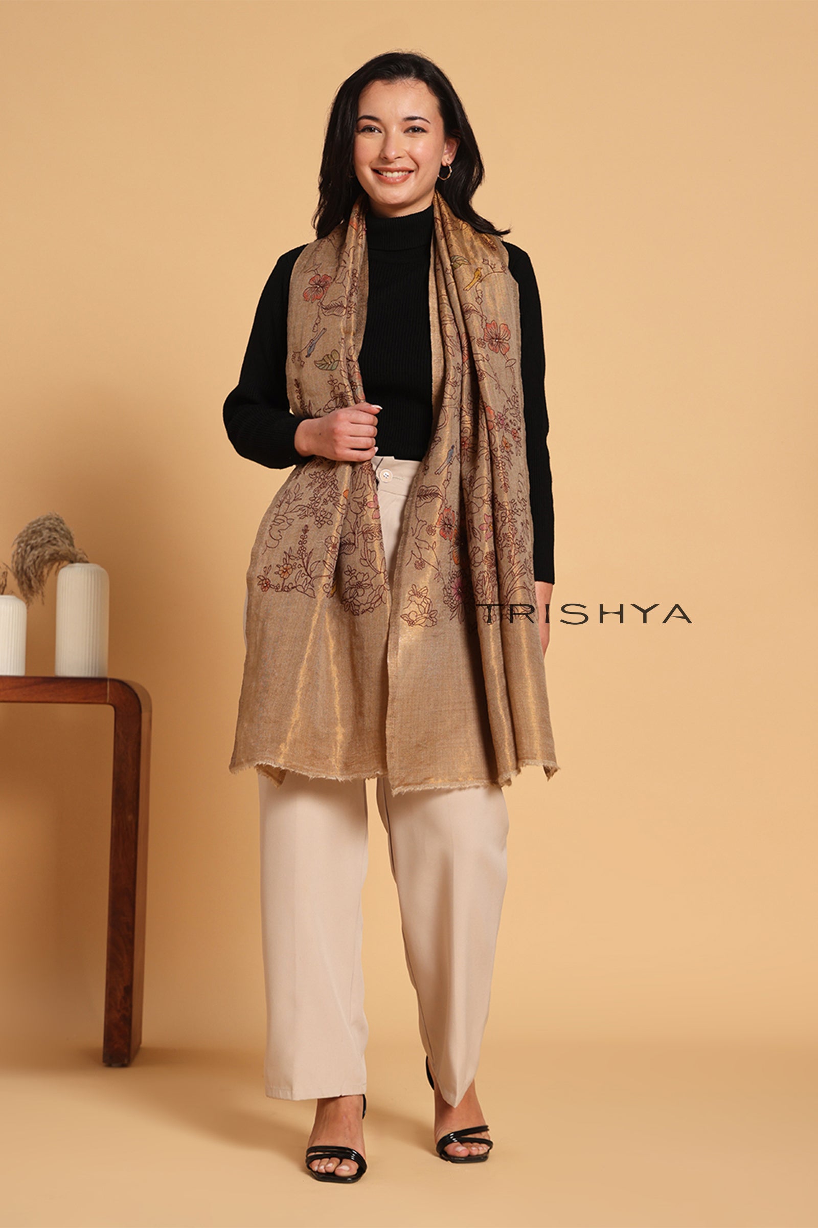 Antique Gold Moonlight Zari Kashmiri Stole