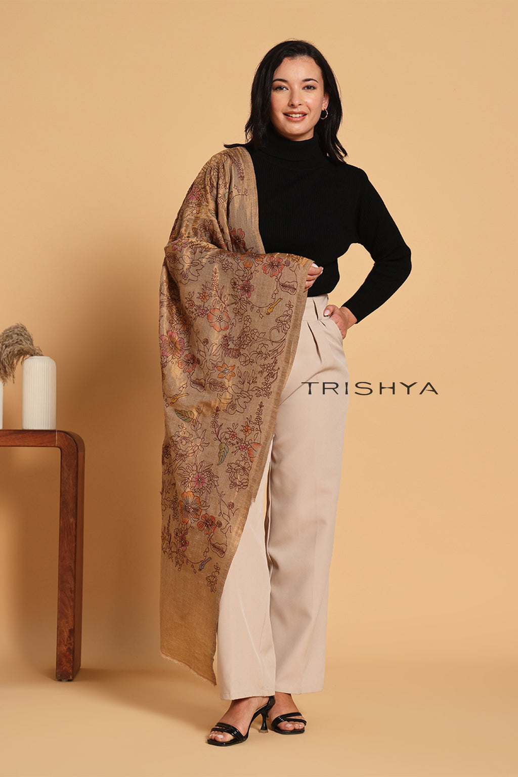 Antique Gold Moonlight Zari Kashmiri Stole