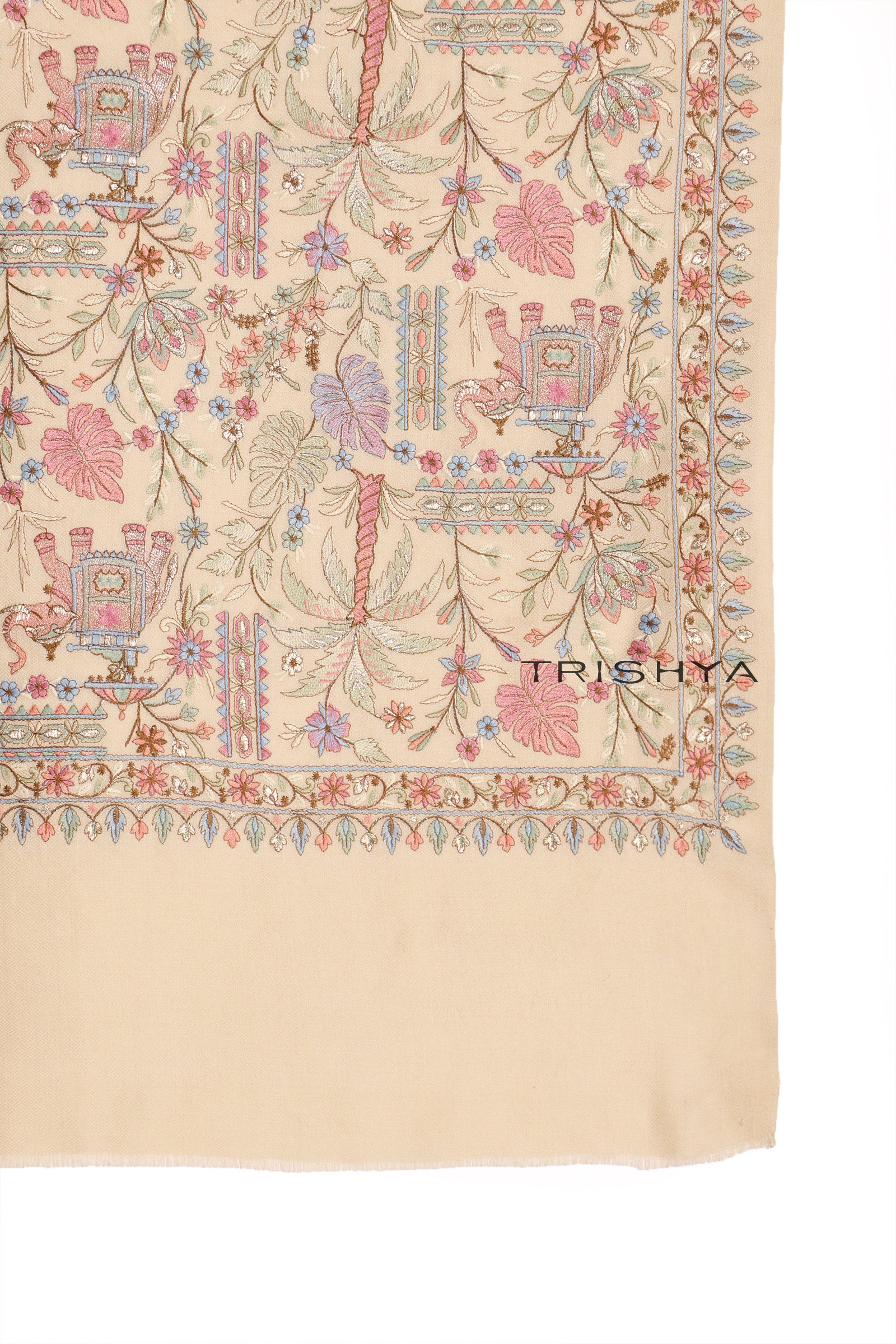 Traditional Elephant Motif Embroidered Shawl in Ivory