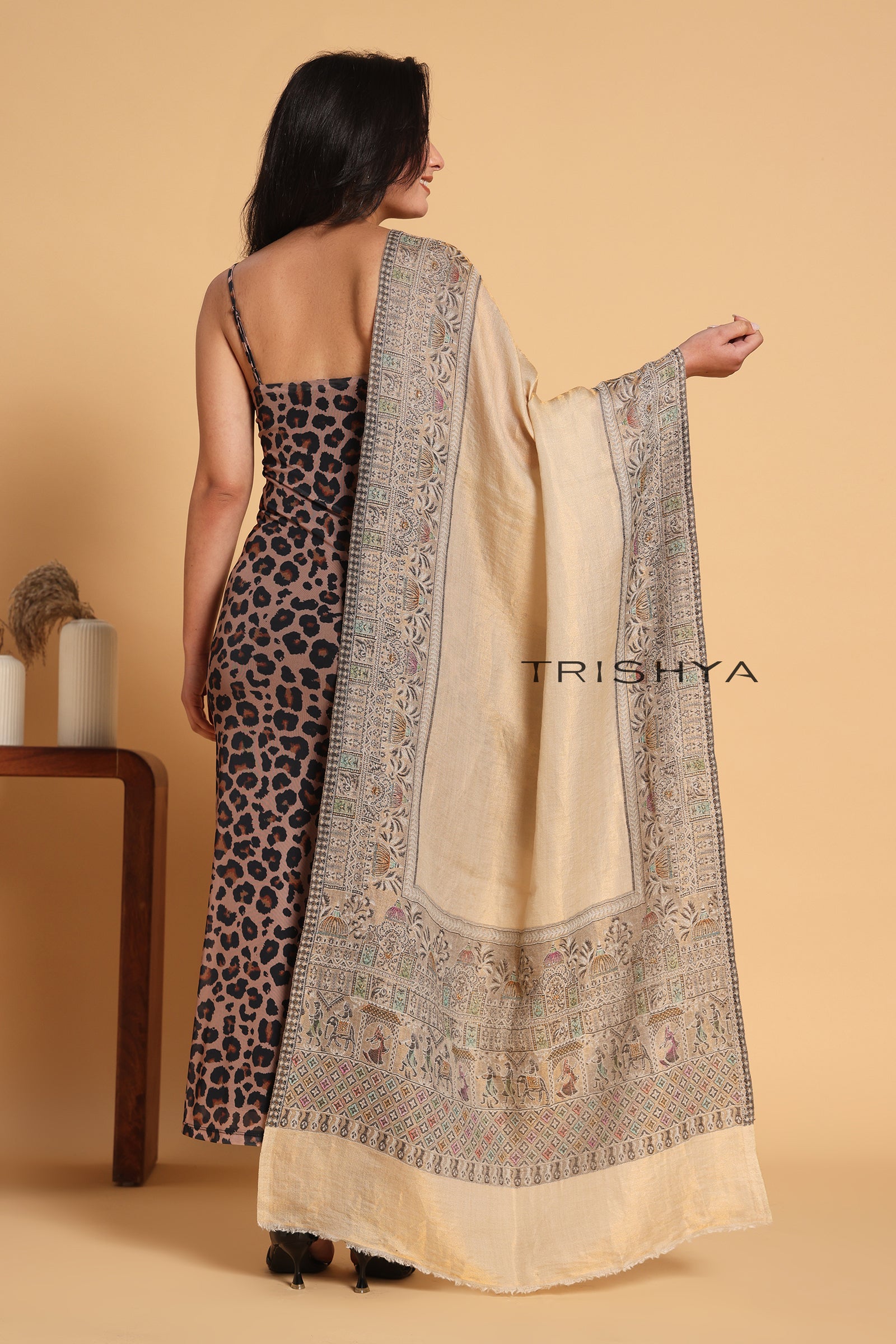 Cream Black Moonlight Floral Border Stole