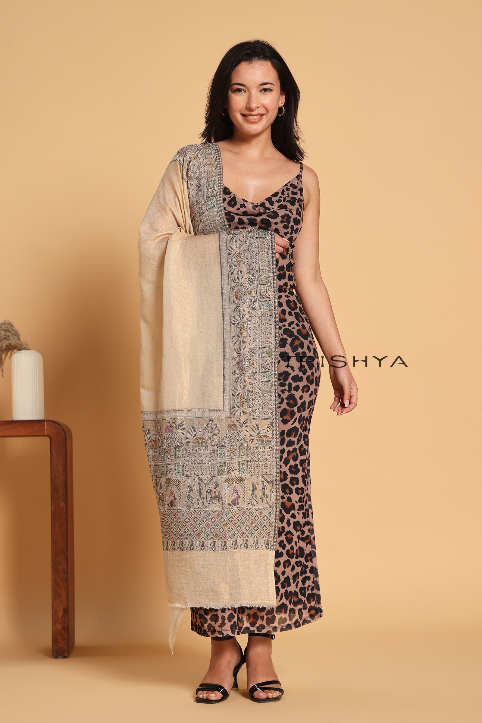 Cream Black Moonlight Floral Border Stole