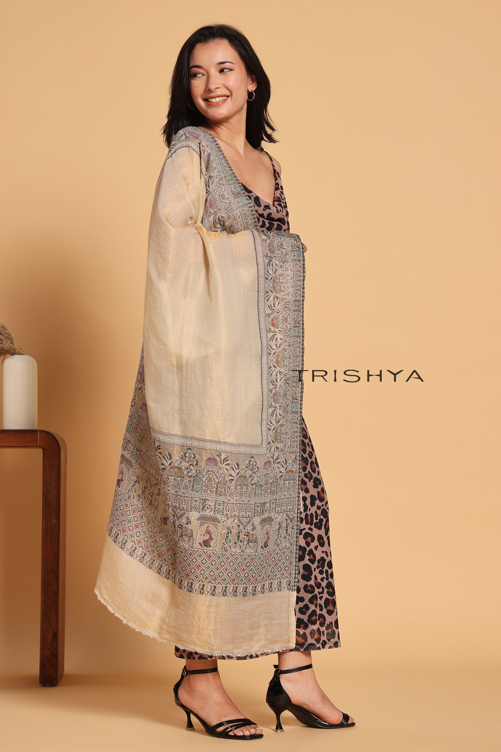 Cream Black Moonlight Floral Border Stole