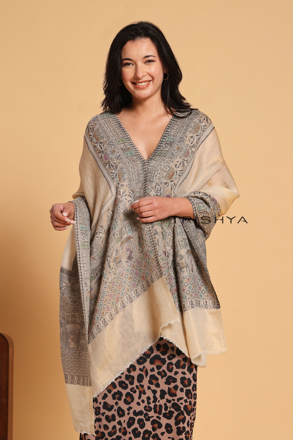 Cream Black Moonlight Floral Border Stole