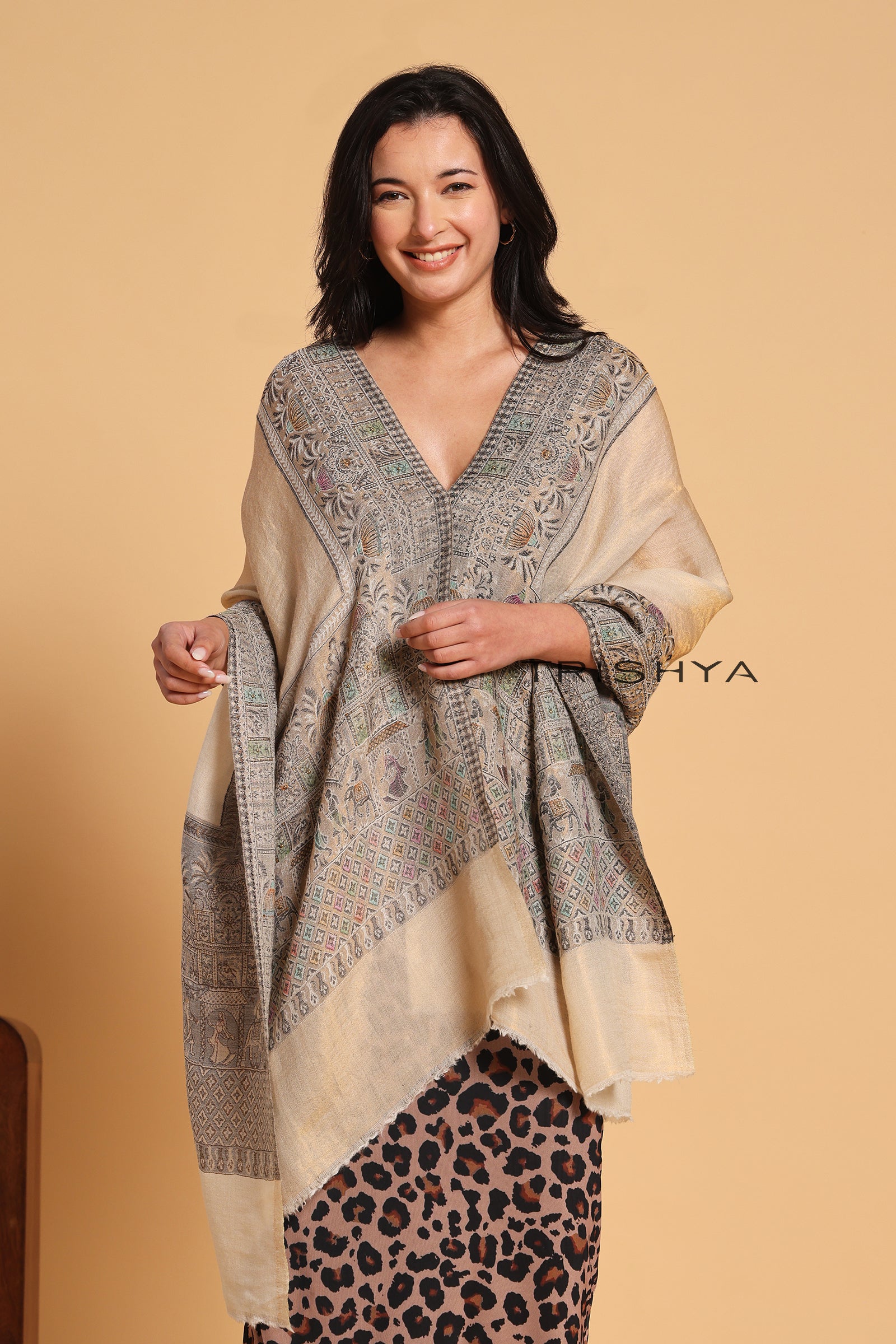 Cream Black Moonlight Floral Border Stole