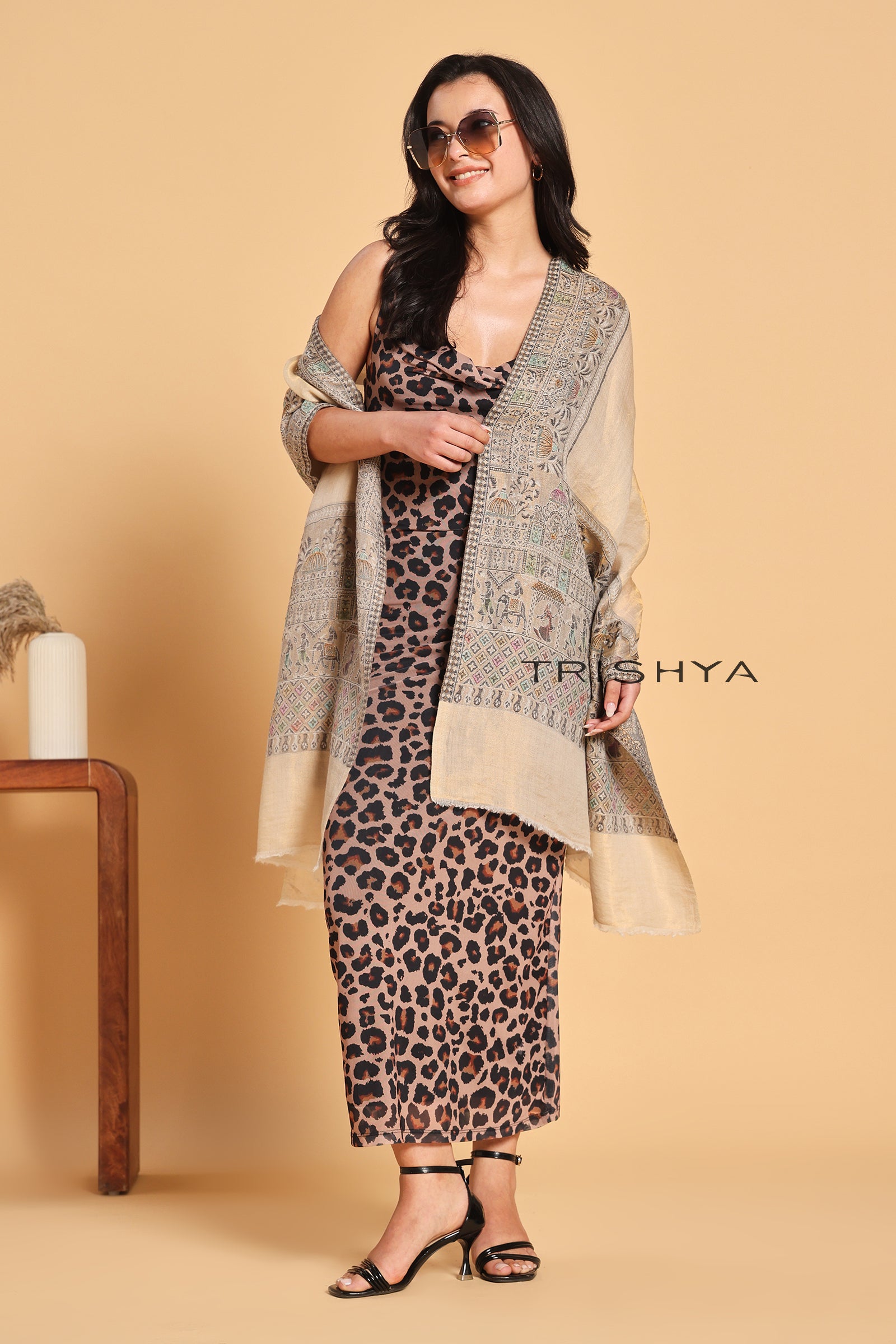 Cream Black Moonlight Floral Border Stole