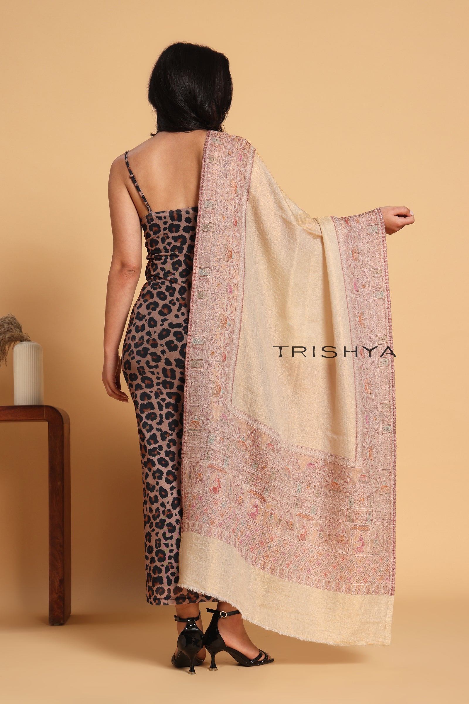 Cream Pink Moonlight Floral Border Stole