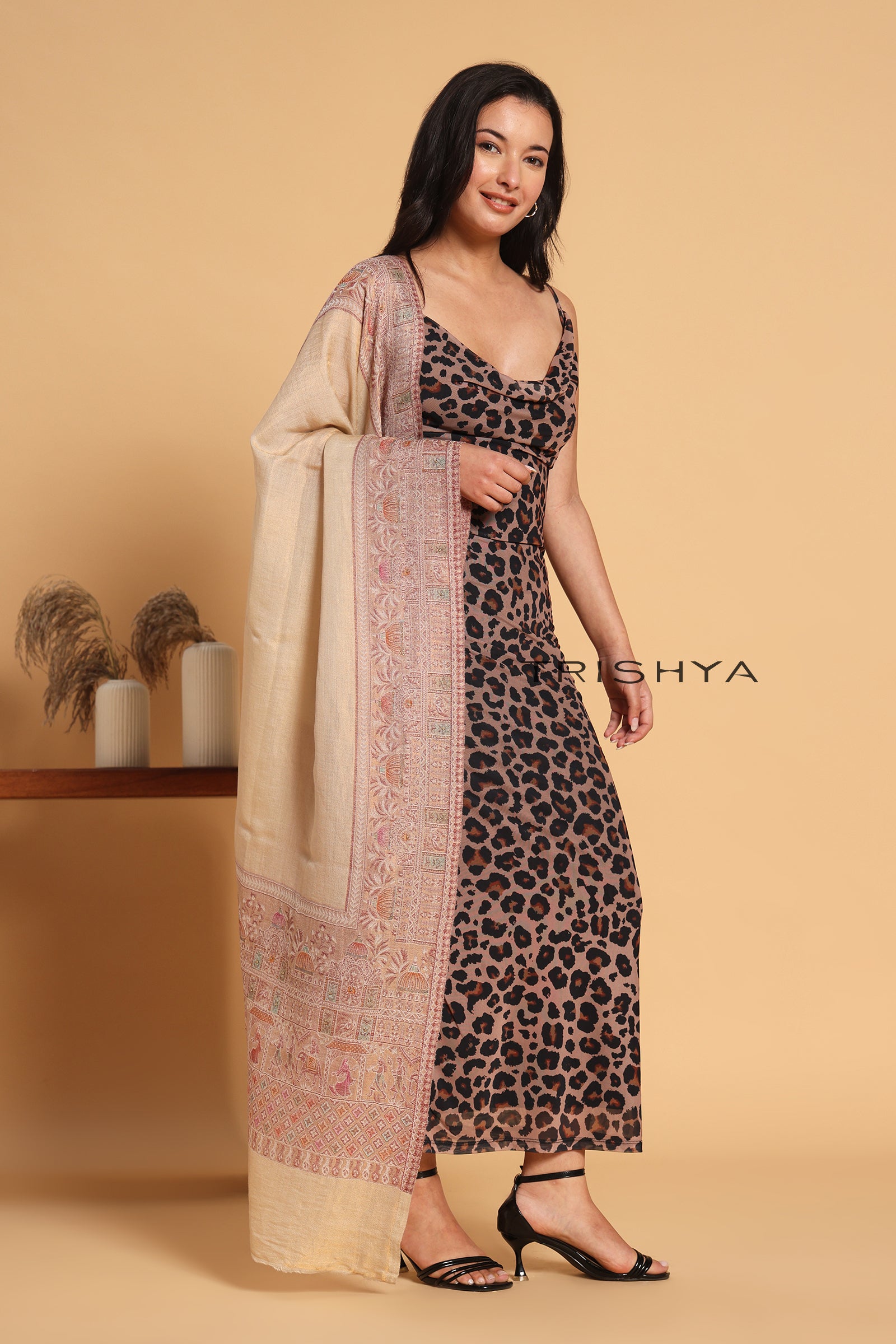 Cream Pink Moonlight Floral Border Stole