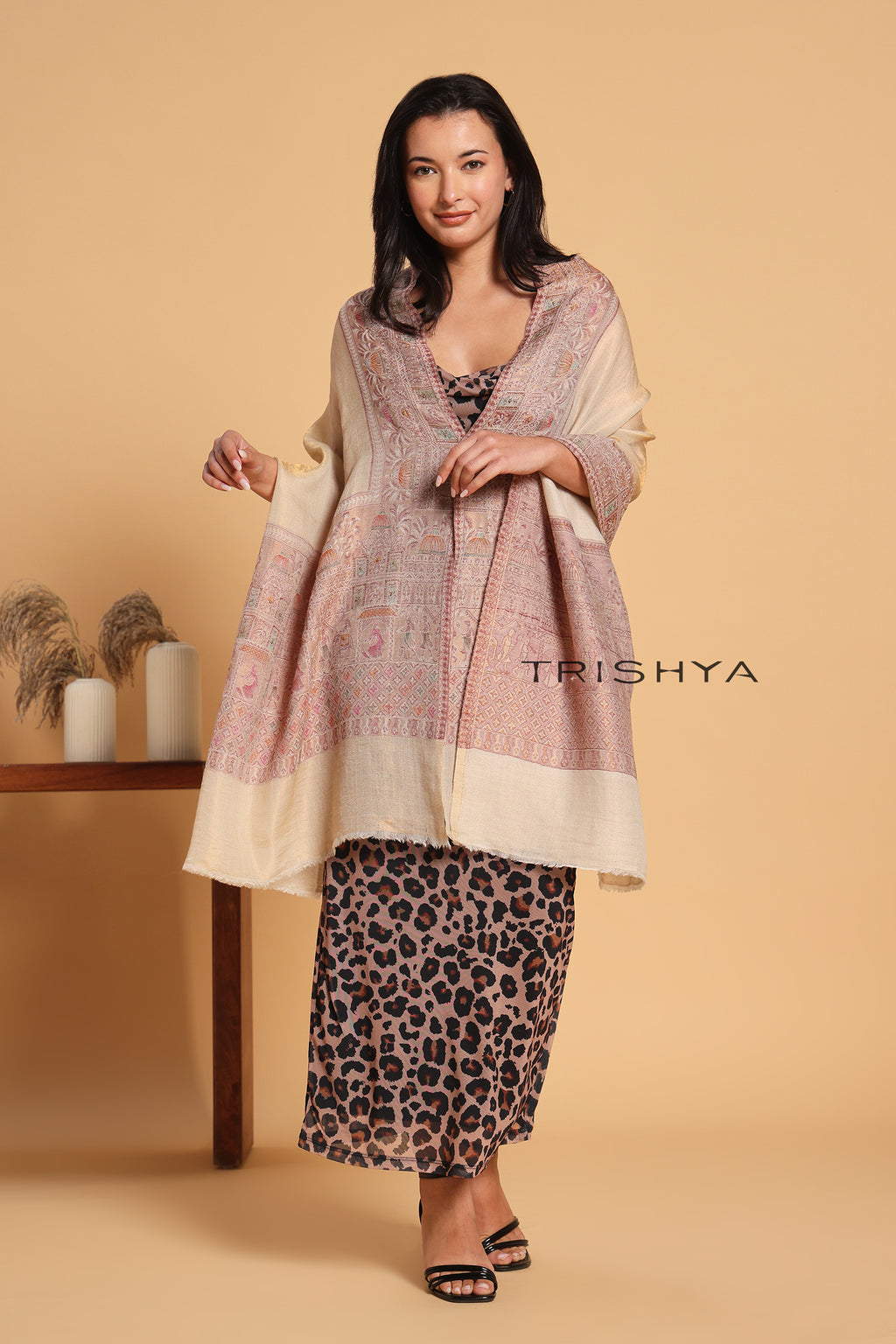 Cream Pink Moonlight Floral Border Stole