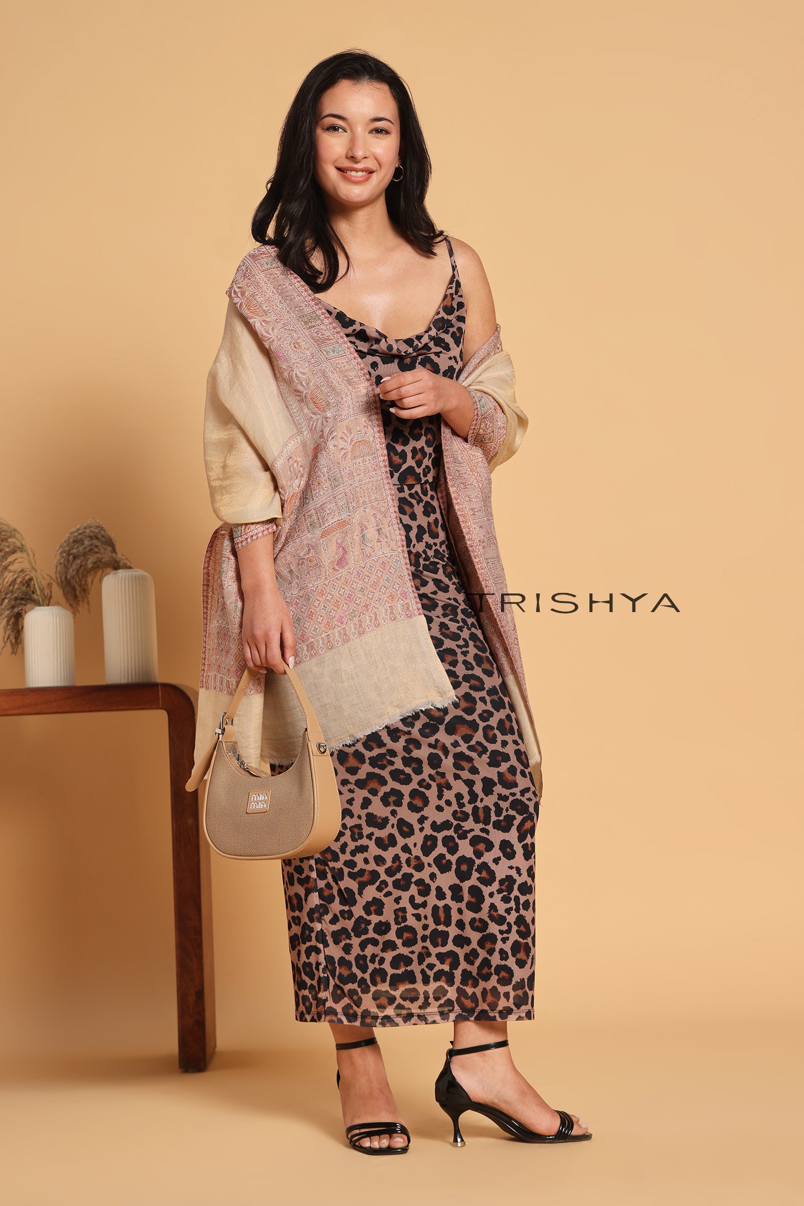 Cream Pink Moonlight Floral Border Stole