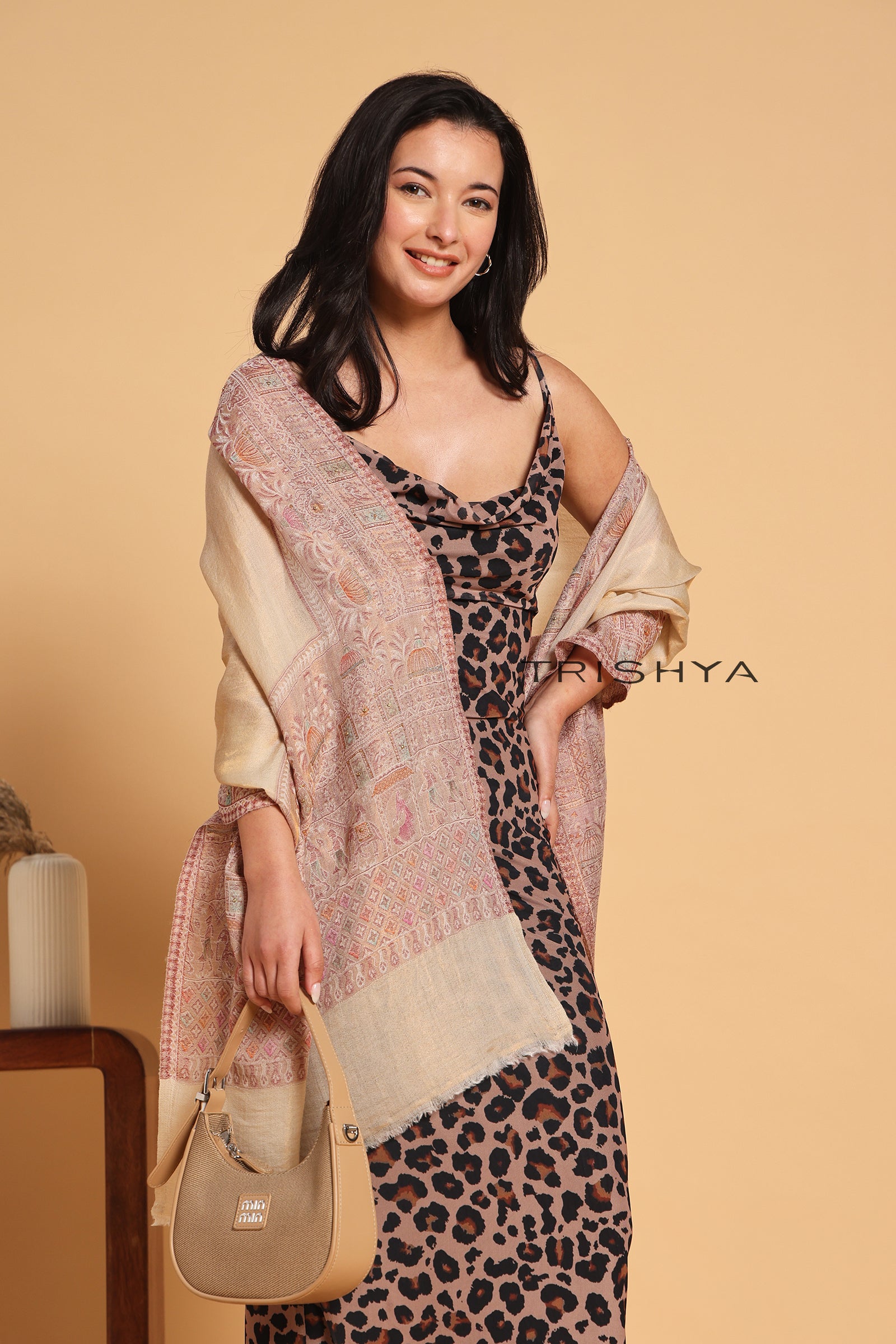 Cream Pink Moonlight Floral Border Stole