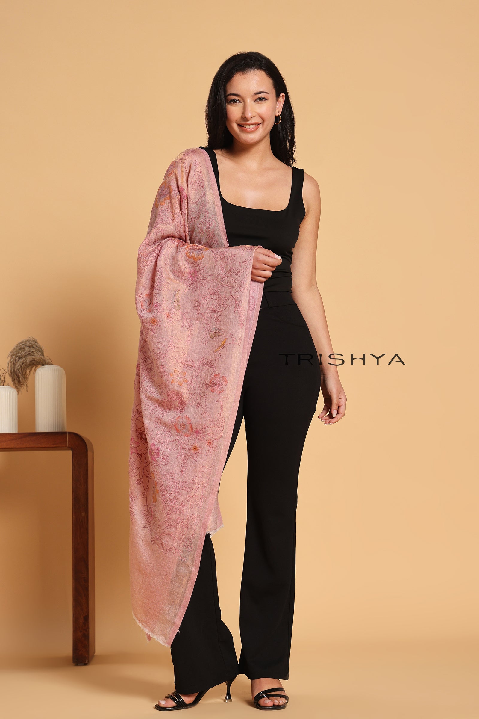 Blush Rose Moonlight Zari Kashmiri Stole