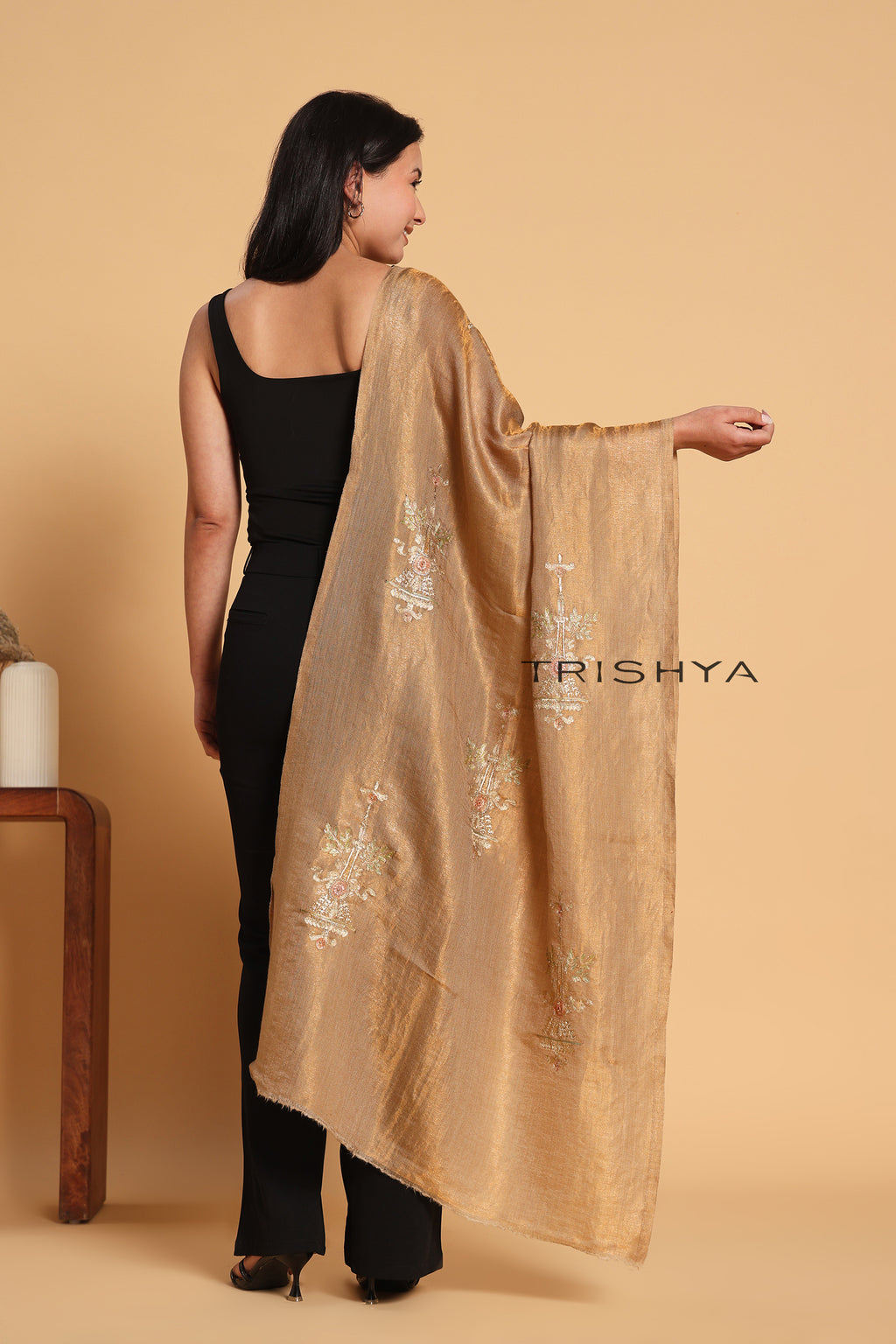 Shimmering Gold Moonlight Floral Work Stole