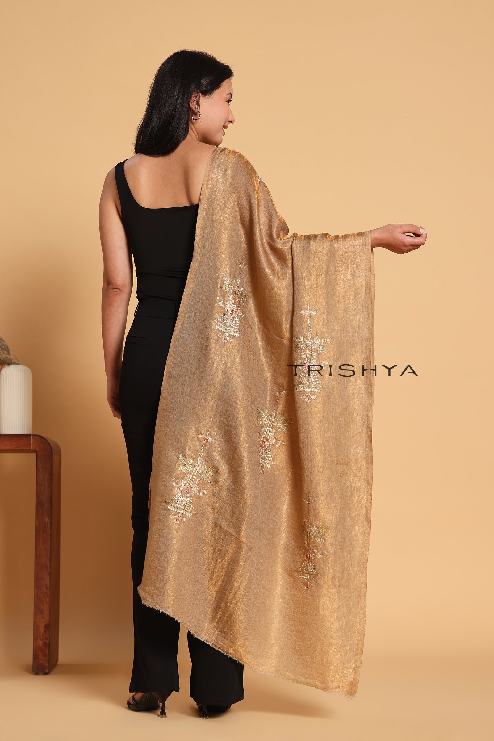 Shimmering Gold Moonlight Floral Work Stole