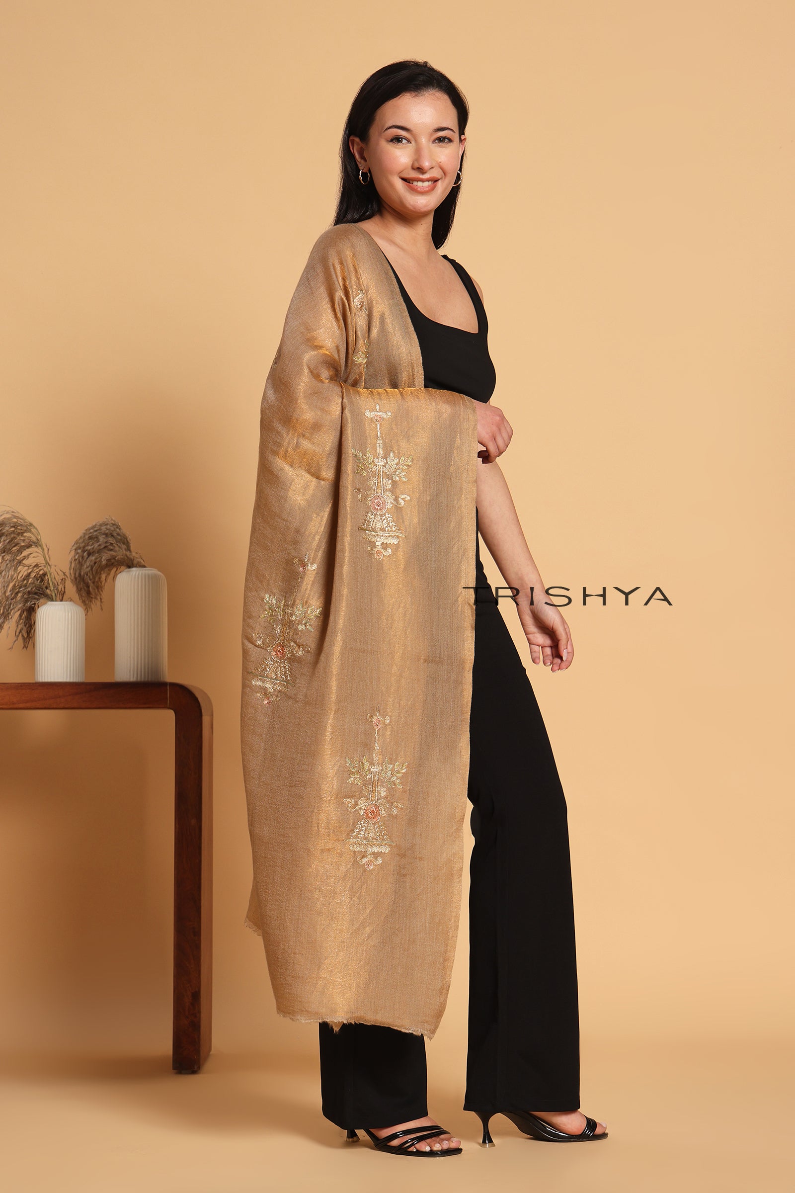 Shimmering Gold Moonlight Floral Work Stole