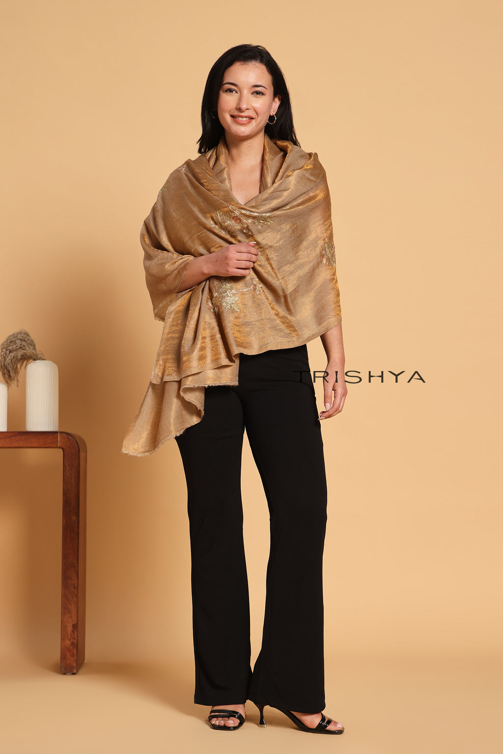 Shimmering Gold Moonlight Floral Work Stole