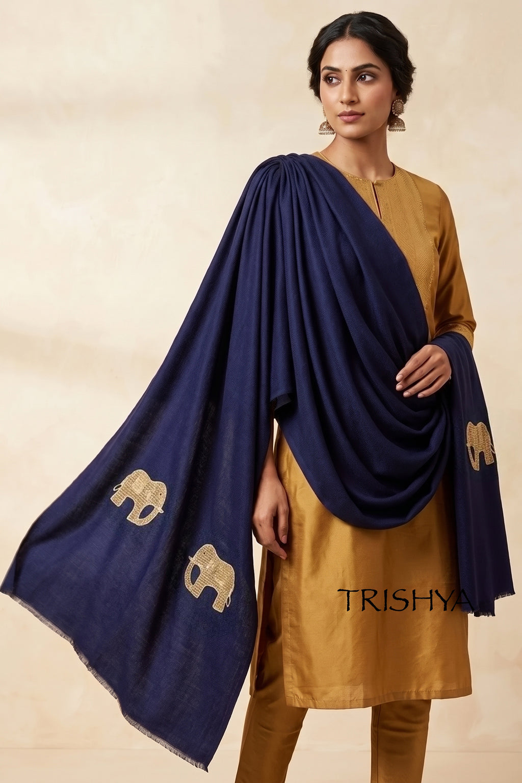 Elephant Motif Stole Navy