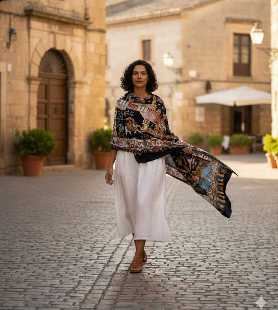 Mughal Darbar Ethnic Kashmiri Kalamkari Shawl Black