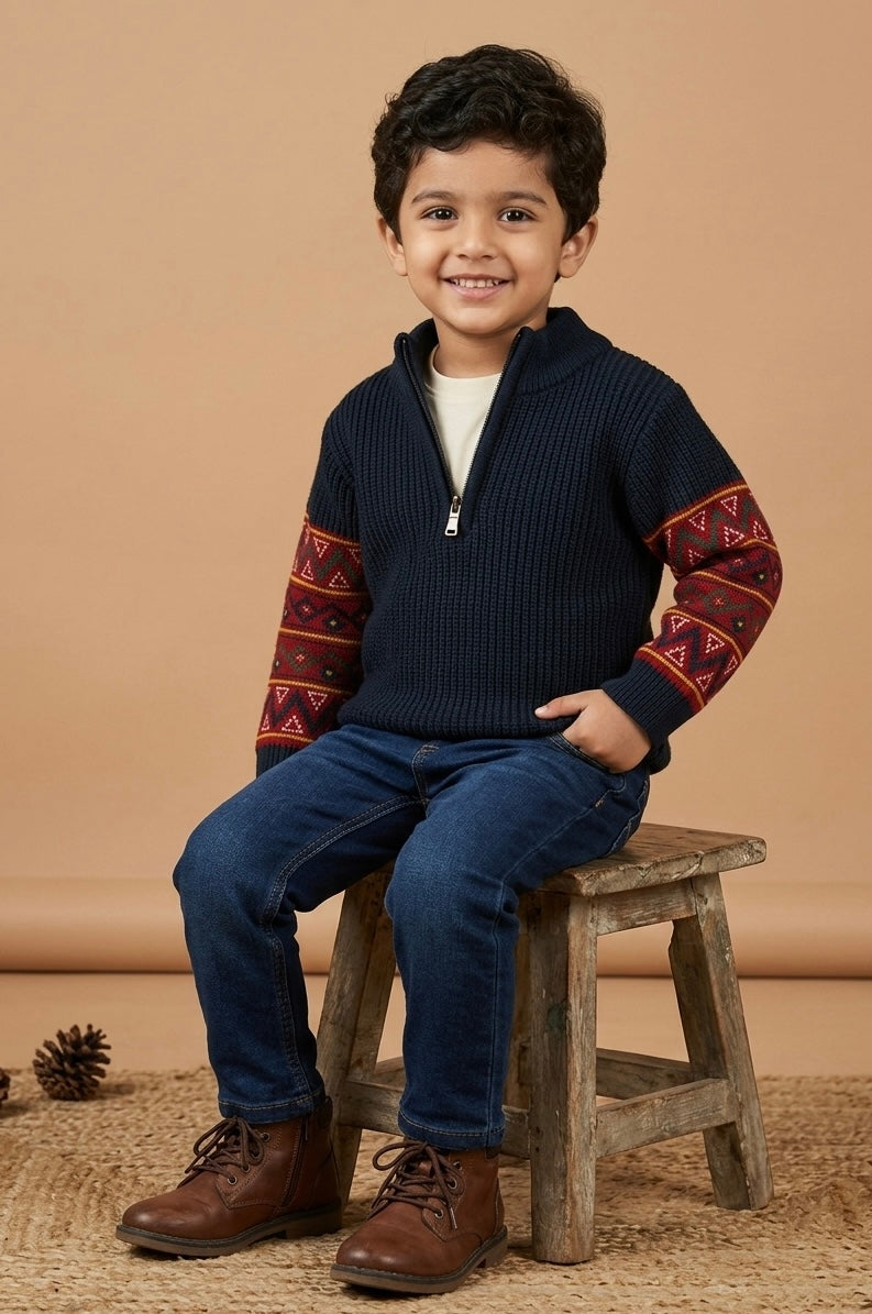 Kids' Traditional Himachal Print Half-Zip Knit Sweater