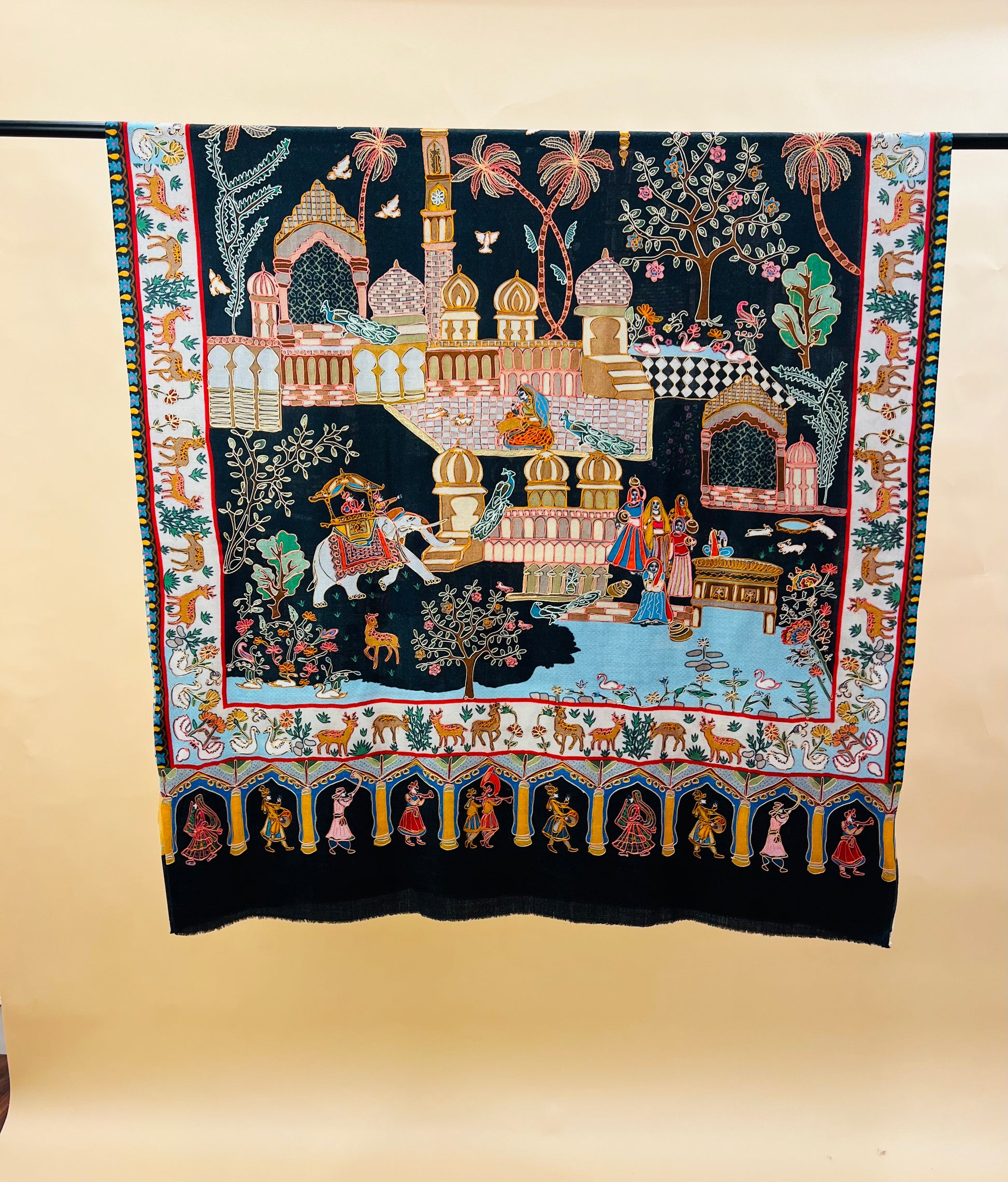 Mughal Darbar Ethnic Kashmiri Kalamkari Shawl Black