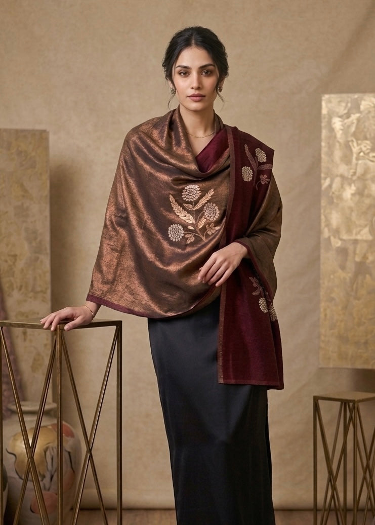 Moonlight Reversible Leaf Work Stole in Mehrun