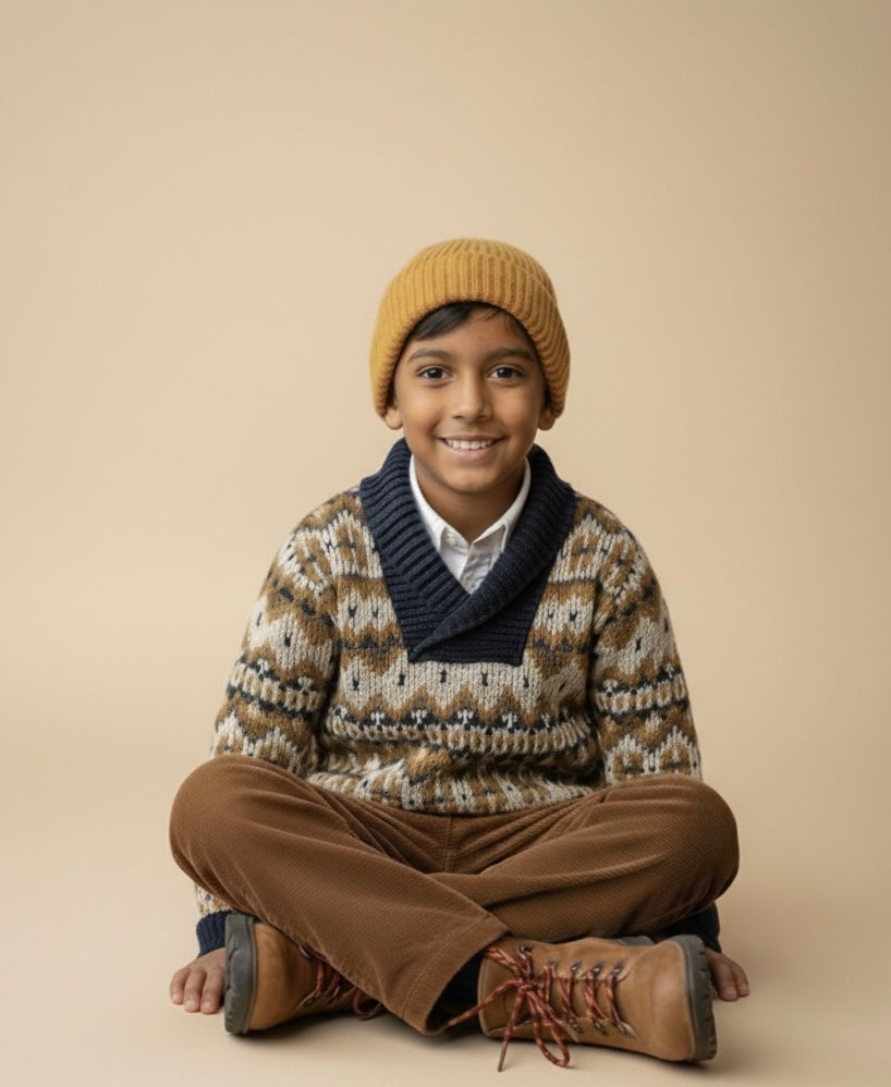 Shawl-Collar Sweater Knit for Kids Mustard