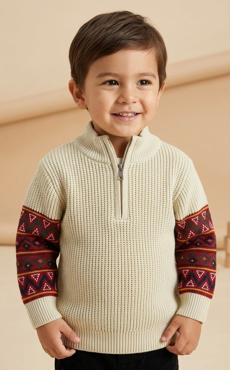 Kids' Traditional Himachal Print Half-Zip Knit Sweater