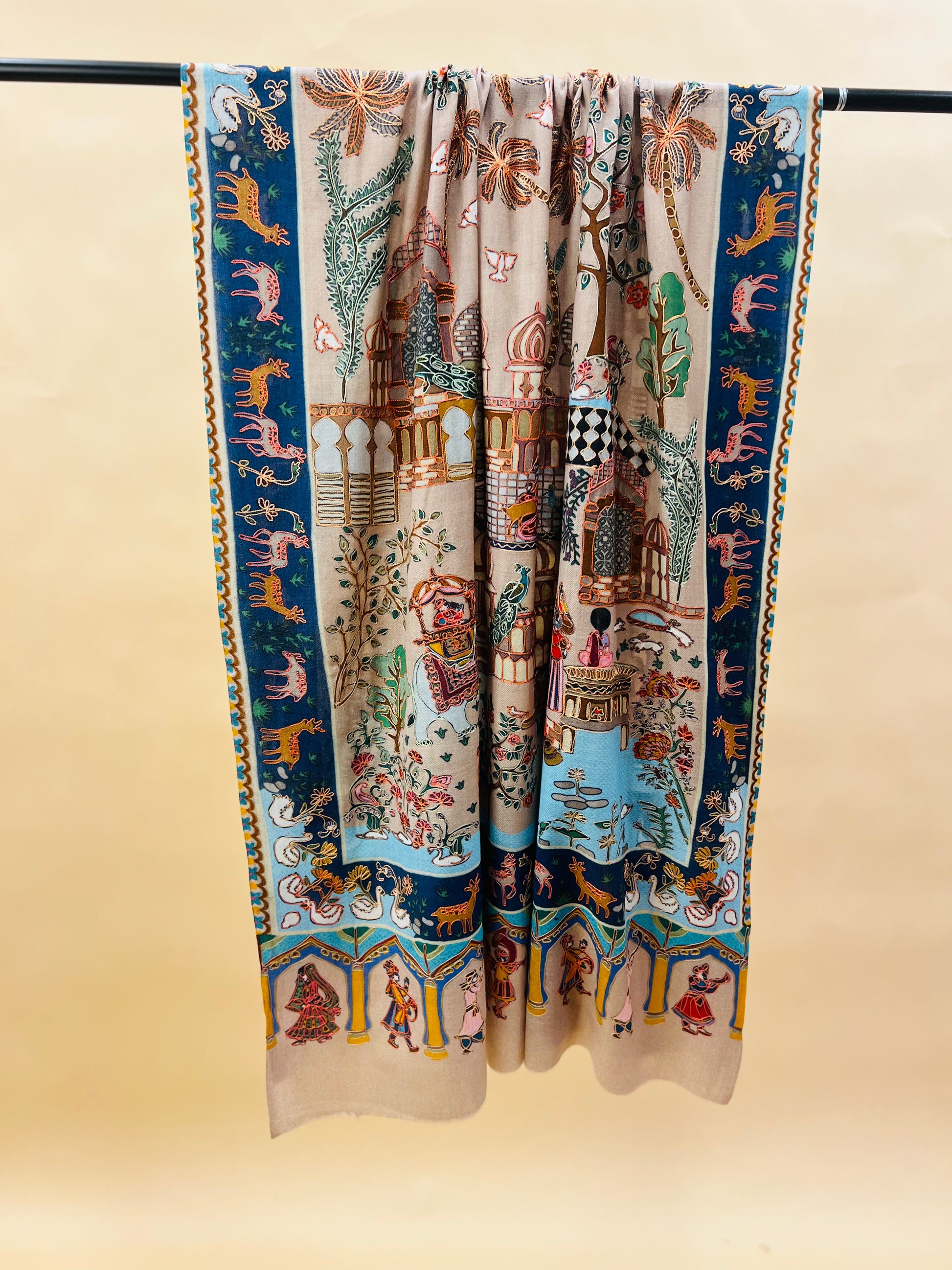 Mughal Darbar Ethnic Kashmiri Kalamkari Shawl Beige