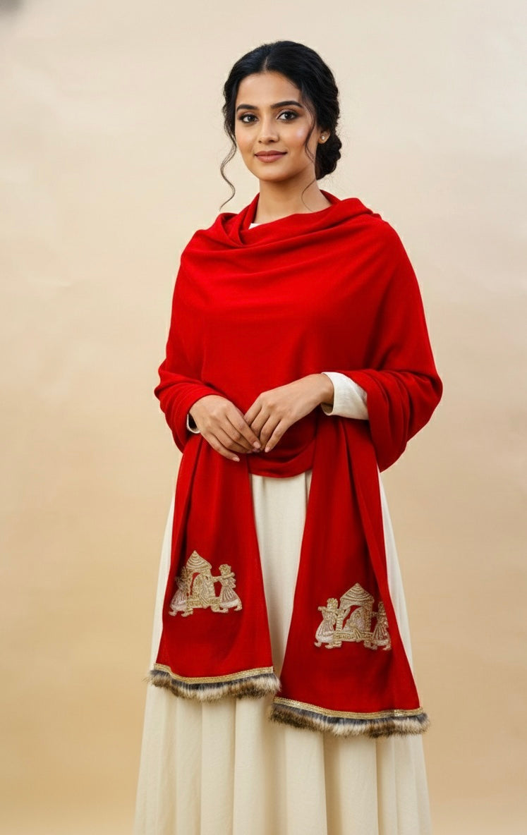 Women Red Bridal Doli Patch Work Stole