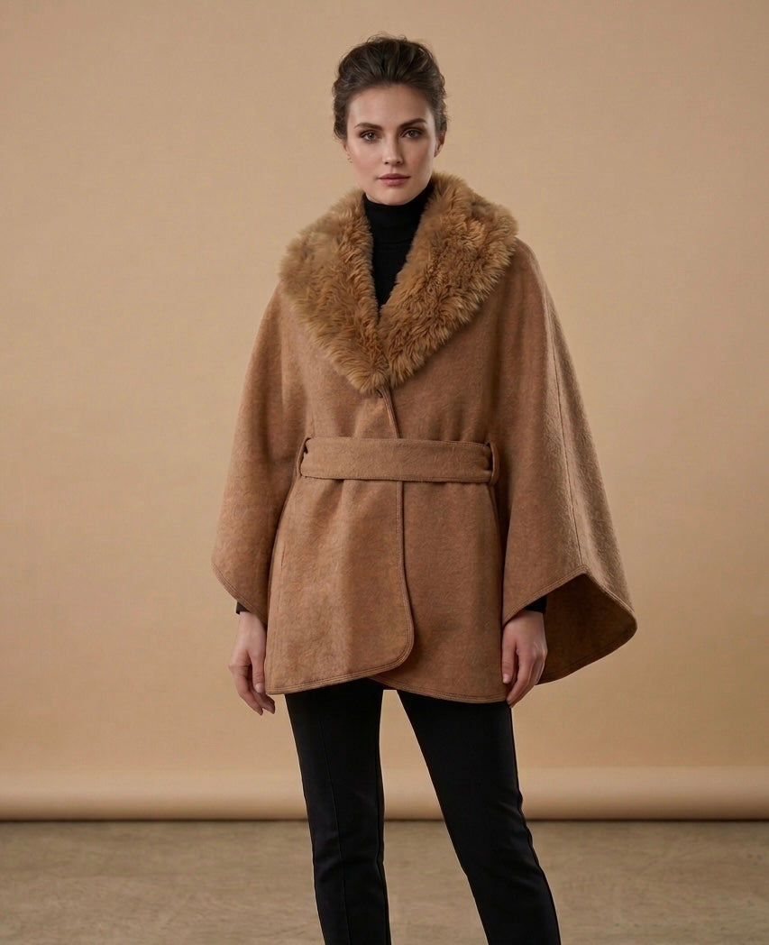 Camel  Faux Fur Shawl Collar With Belt  Cape