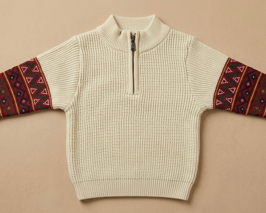 Kids' Traditional Himachal Print Half-Zip Knit Sweater