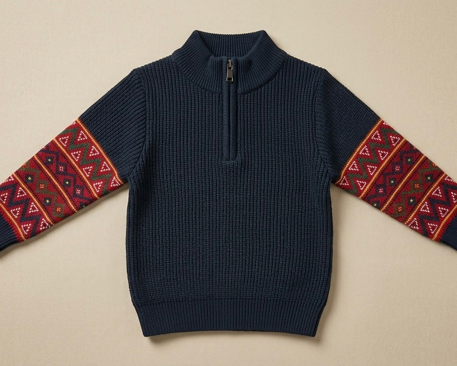 Kids' Traditional Himachal Print Half-Zip Knit Sweater