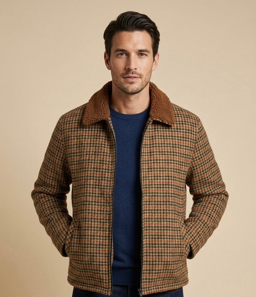 Men Jacket Tweed Fabric with Fur