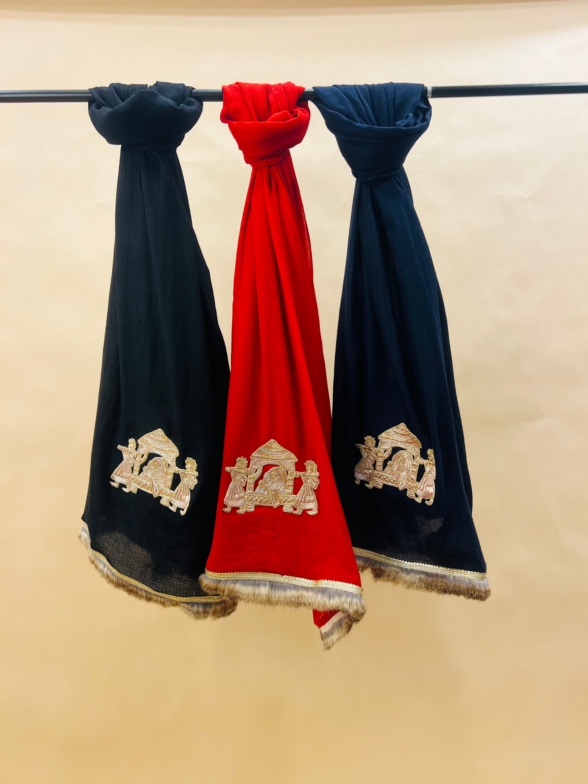 Women Navy Bridal Doli Patch Work Stole